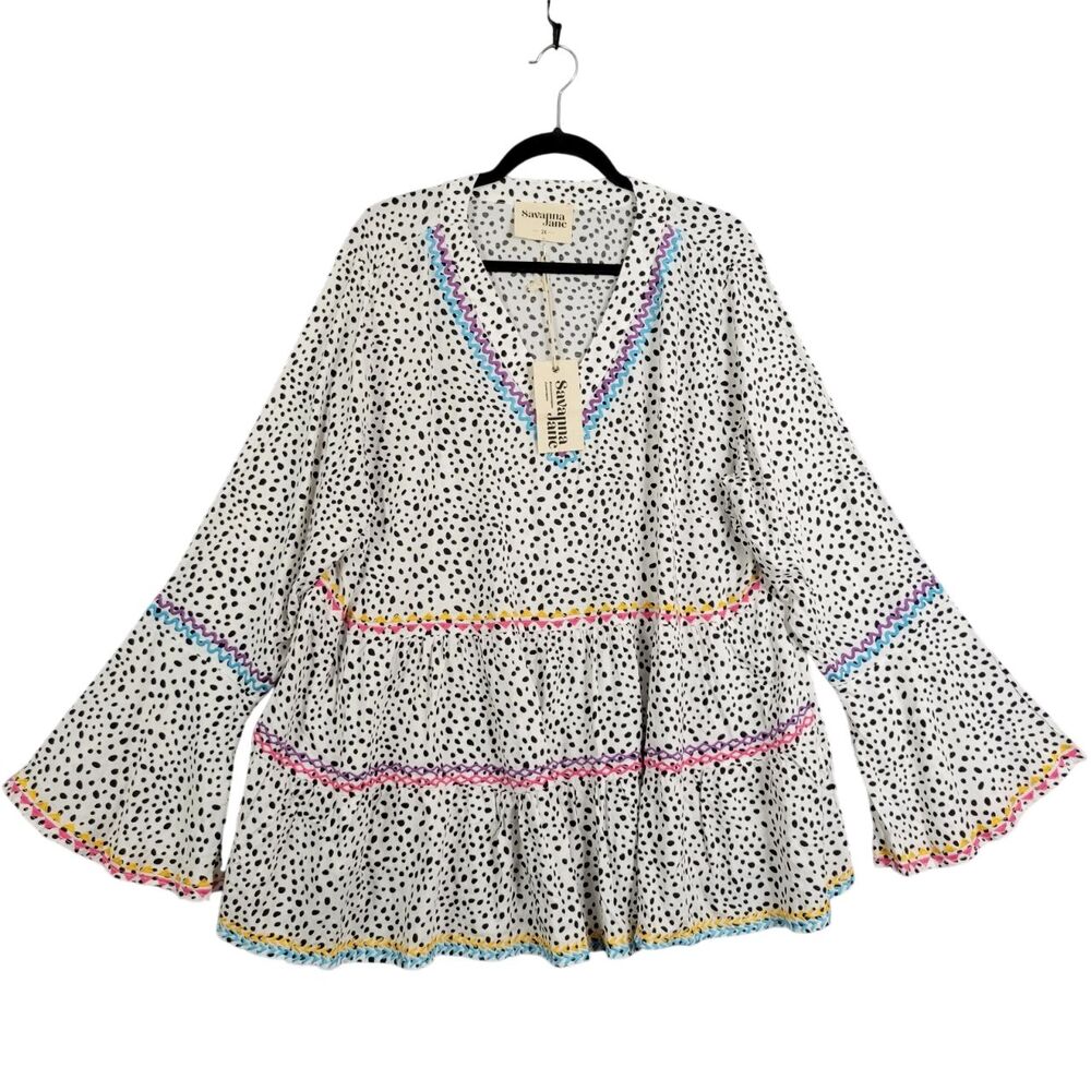 NWT SAVANNA JANE White Polka Dot Embroidered Tiered Bell Sleeve Boho Top SIZE 2X